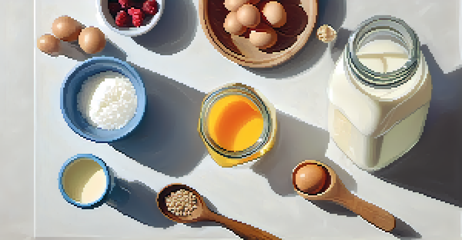 An overhead view of kefir-making ingredients, including kefir grains, milk, and utensils on a countertop.