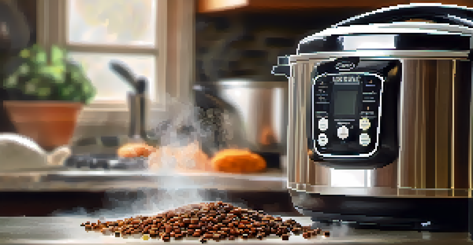 A pressure cooker on a stovetop with steam rising, showing dried beans and spices inside, with a blurred kitchen background.