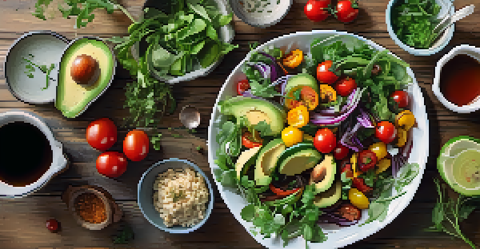 An overhead view of a colorful vegetarian meal on a wooden table, featuring roasted vegetables, a fresh salad, and garnishes.