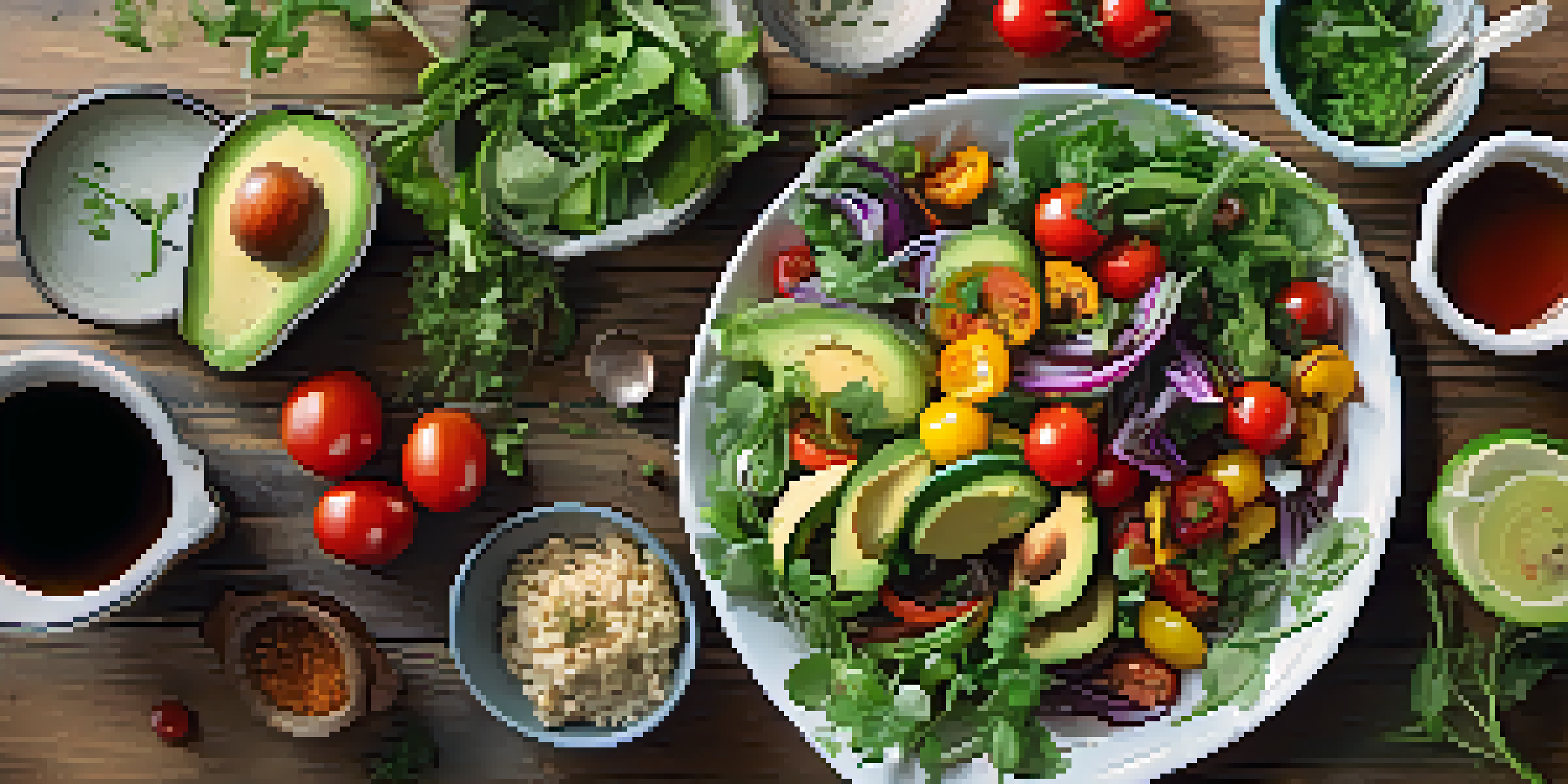 An overhead view of a colorful vegetarian meal on a wooden table, featuring roasted vegetables, a fresh salad, and garnishes.