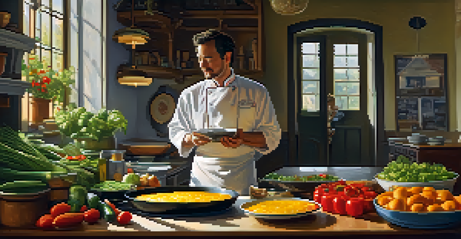 A chef preparing a frittata with colorful vegetables and a bowl of eggs in a warmly lit kitchen.