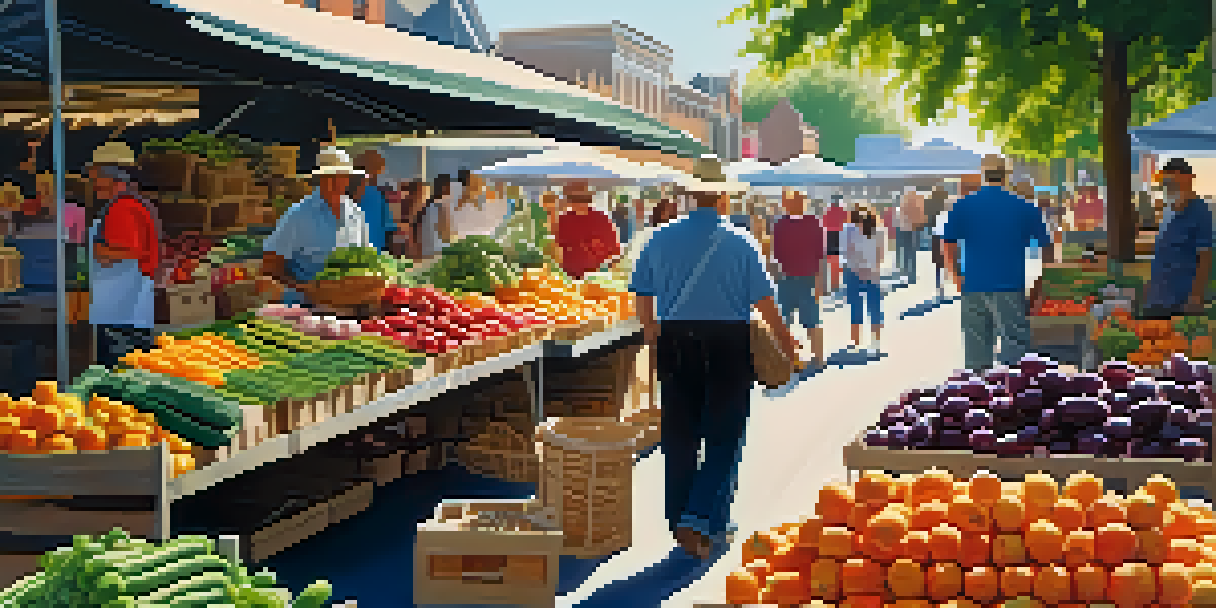 A busy farmer's market filled with fresh vegetables and fruits, with people interacting and sunlight creating a warm atmosphere.