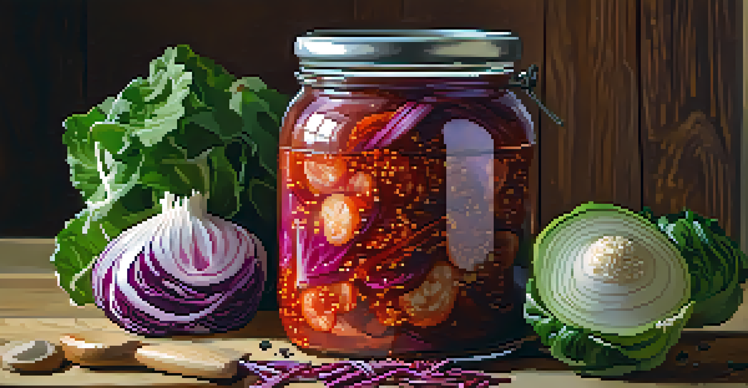 A close-up of a jar of homemade kimchi, surrounded by fresh ingredients like garlic and ginger on a rustic kitchen counter.