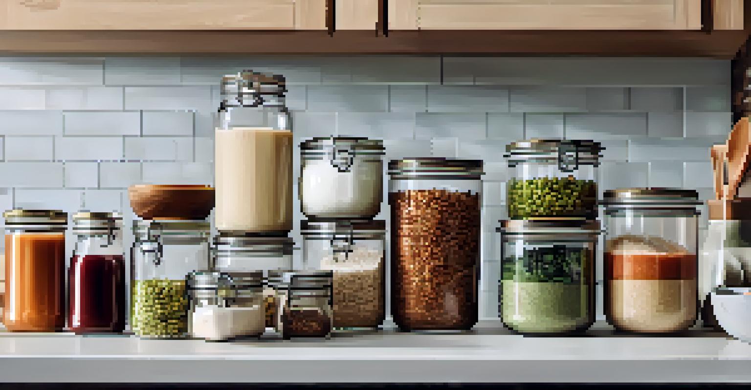 A kitchen counter with meal prep containers filled with grains, legumes, and vegetables under natural light.