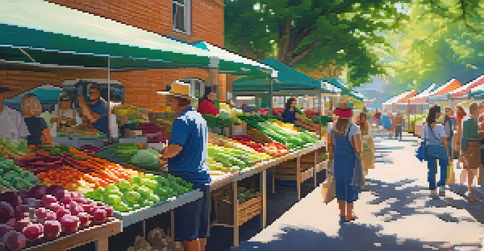 A lively farmer's market filled with fresh vegetables and fruits, with customers interacting with vendors under sunlight.