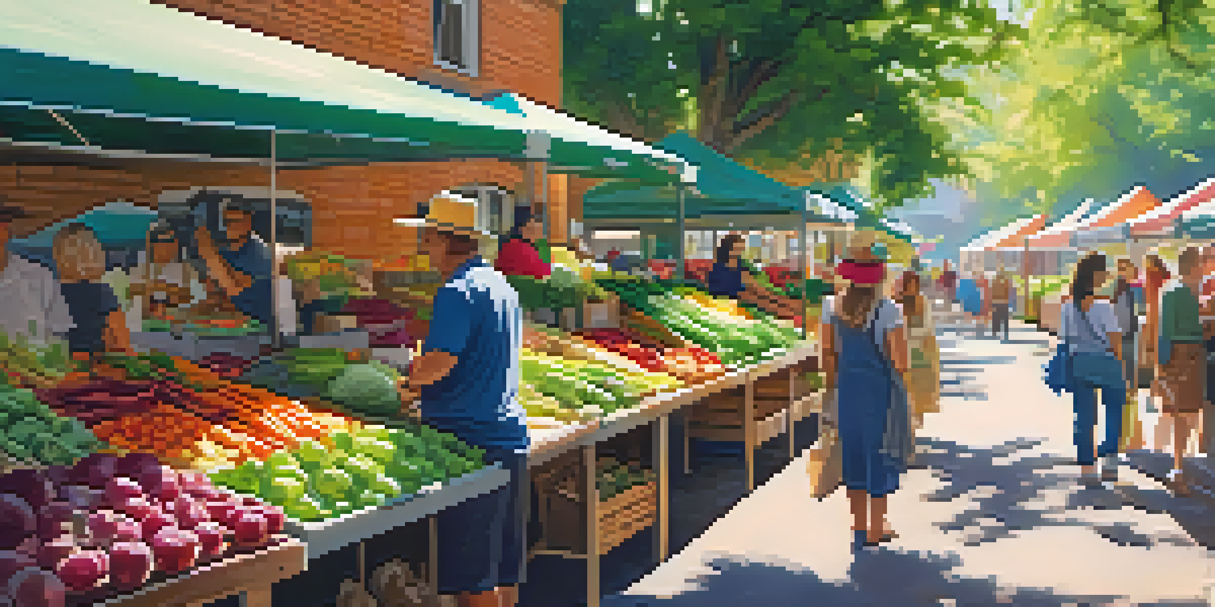 A lively farmer's market filled with fresh vegetables and fruits, with customers interacting with vendors under sunlight.