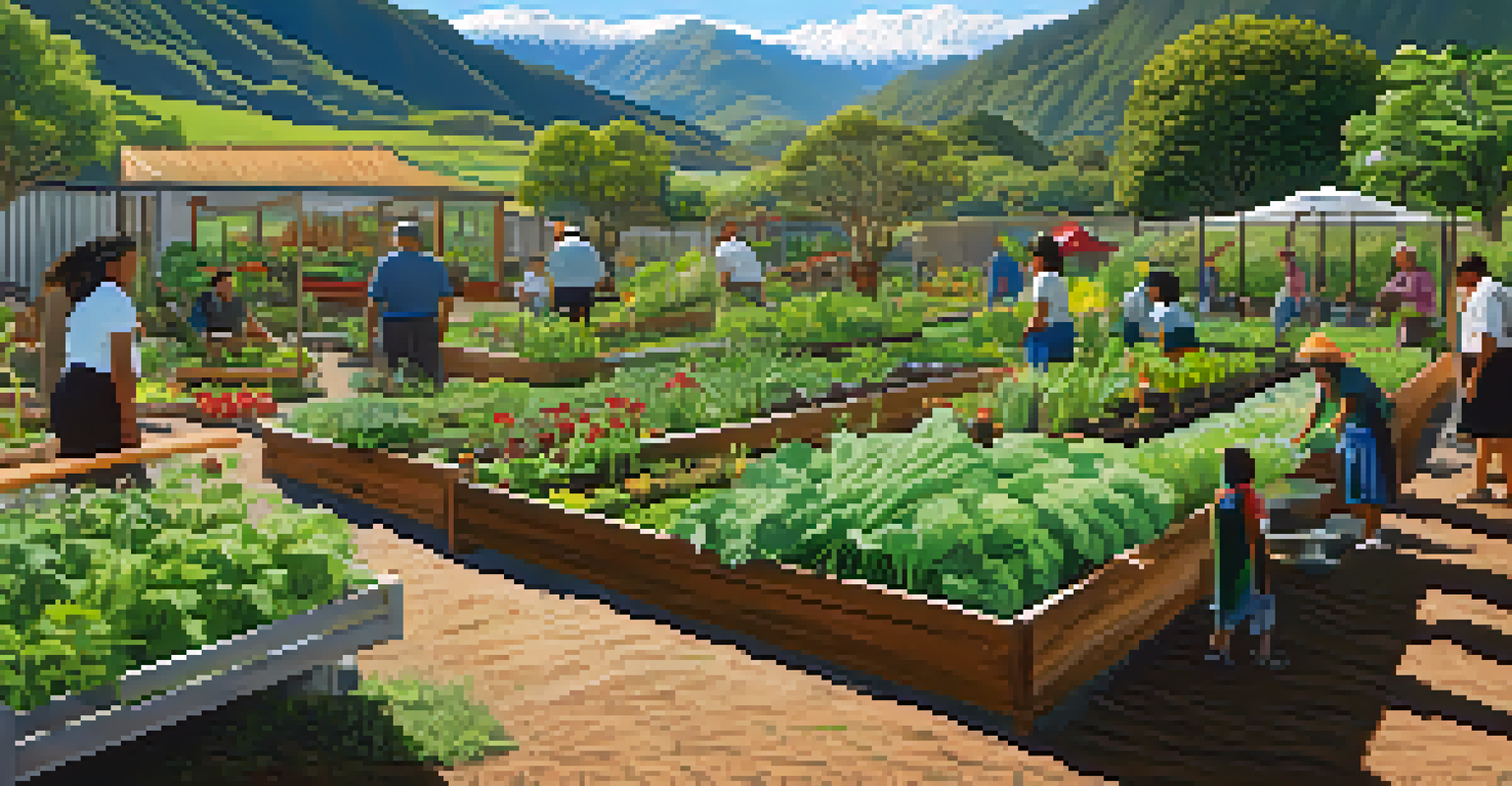 A peaceful Maori community garden with people tending to various vegetables and herbs, surrounded by mountains under a clear sky.