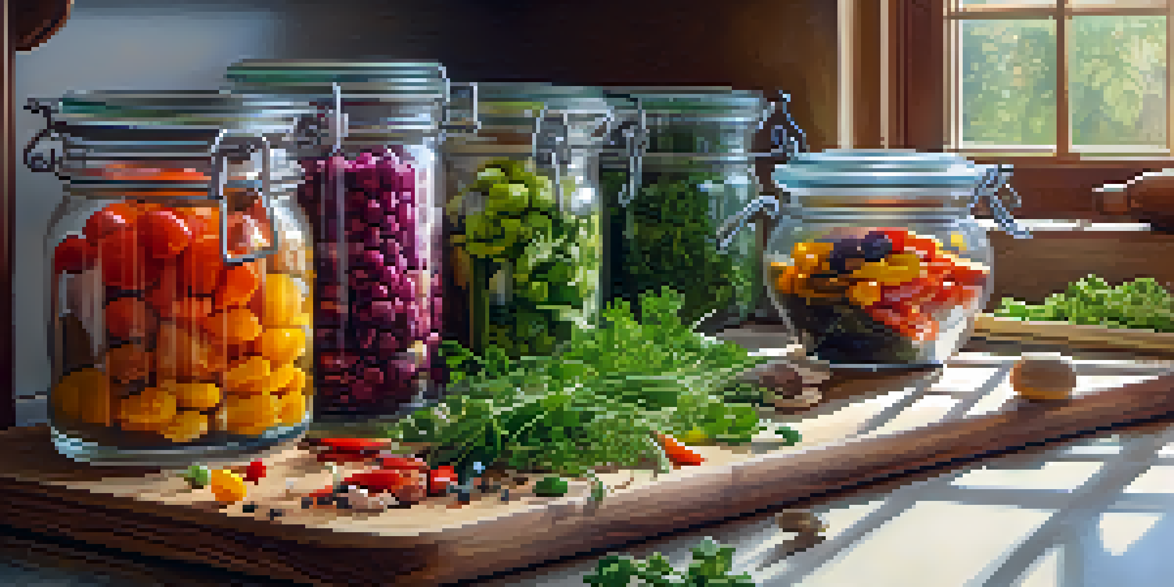 An organized kitchen countertop with colorful prepped vegetables in clear containers, a cutting board with fresh herbs, and soft natural light coming through a window.