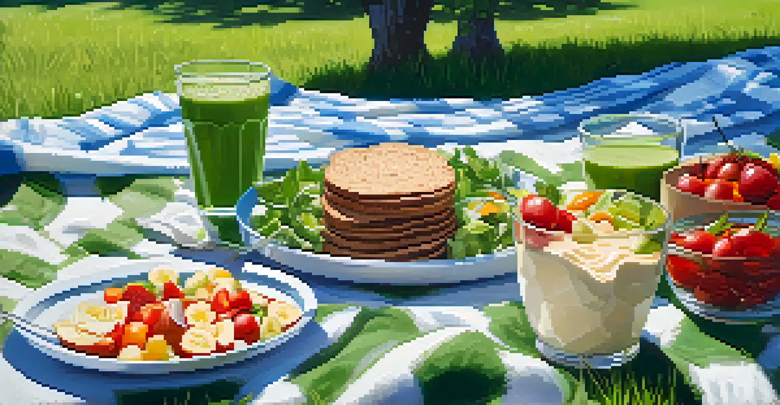 A picnic setting with a salad and smoothie on a blanket in a green park.
