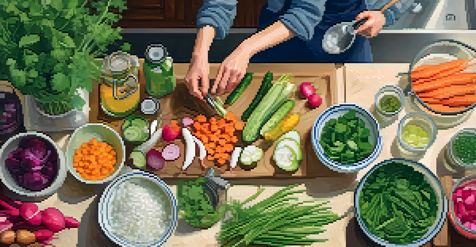 An overhead view of a kitchen where a person is preparing fermented vegetables with colorful ingredients and jars of brine, in a rustic setting.