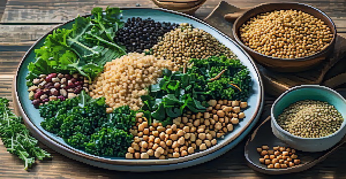An artfully arranged plate filled with chickpeas, quinoa, nuts, and kale on a rustic wooden table, illuminated by soft natural light.