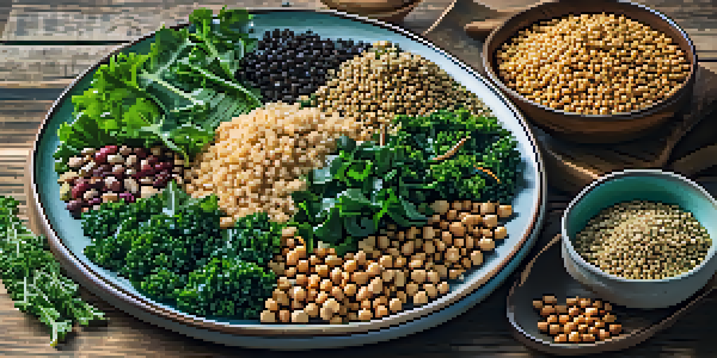 An artfully arranged plate filled with chickpeas, quinoa, nuts, and kale on a rustic wooden table, illuminated by soft natural light.