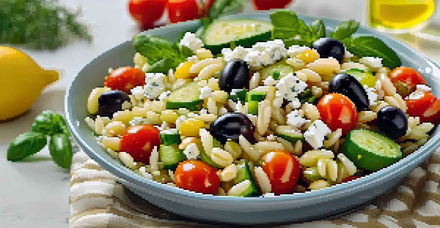 A glass bowl of Mediterranean orzo salad with cherry tomatoes, cucumbers, olives, and feta cheese on a kitchen counter.