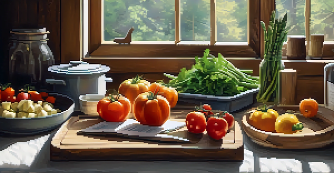 A rustic kitchen table displaying a colorful arrangement of seasonal vegetables and meal prep containers, with sunlight streaming in.