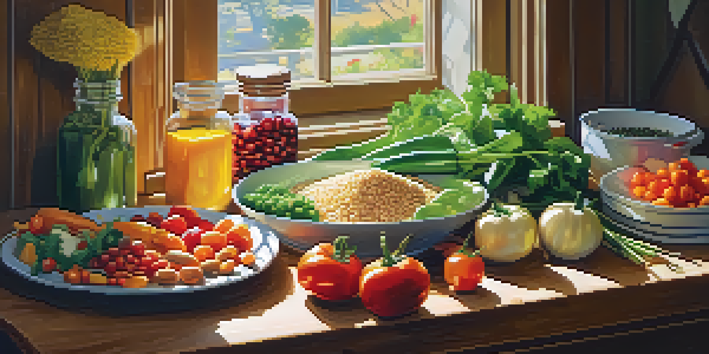 A bright kitchen filled with colorful fresh vegetables and grains on a countertop, with sunlight streaming through the window.