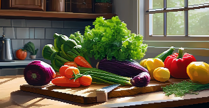 A vibrant kitchen scene showcasing fresh vegetables and cooking tools on a countertop illuminated by sunlight.