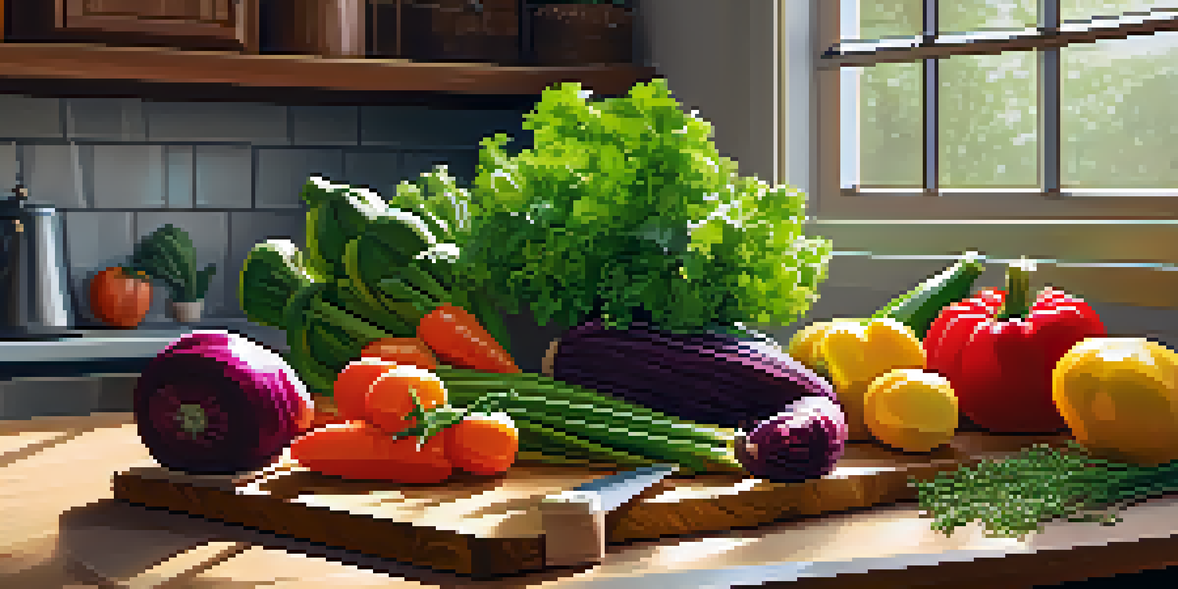 A vibrant kitchen scene showcasing fresh vegetables and cooking tools on a countertop illuminated by sunlight.