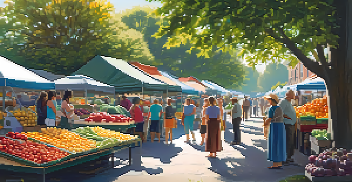 A lively farmer's market with families shopping for fresh fruits and vegetables under sunlight.