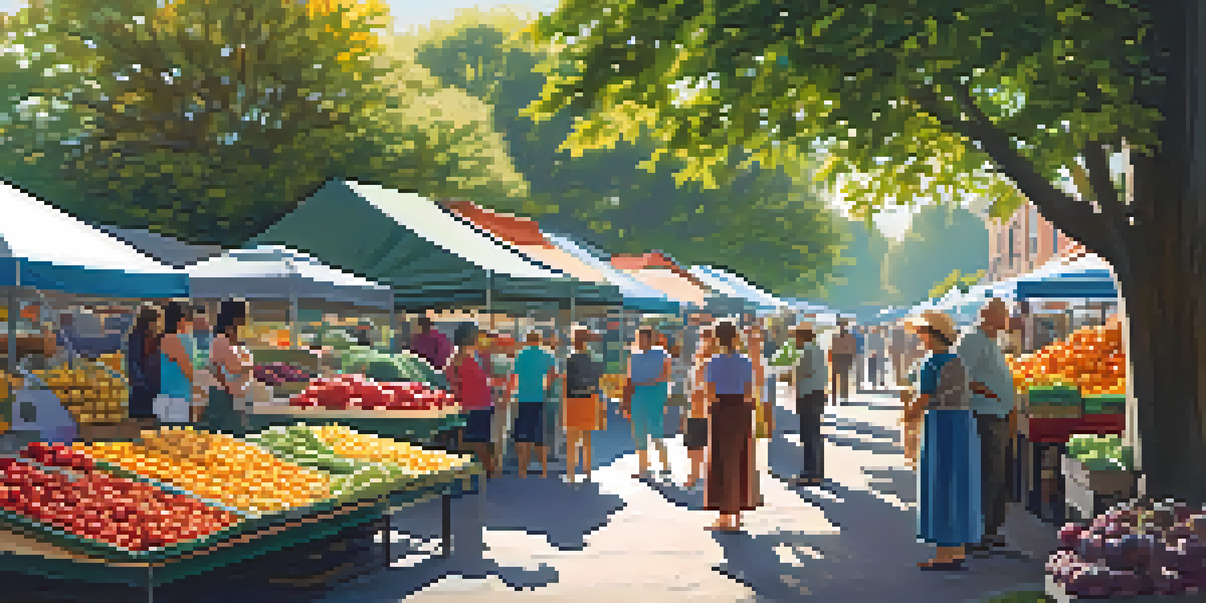A lively farmer's market with families shopping for fresh fruits and vegetables under sunlight.