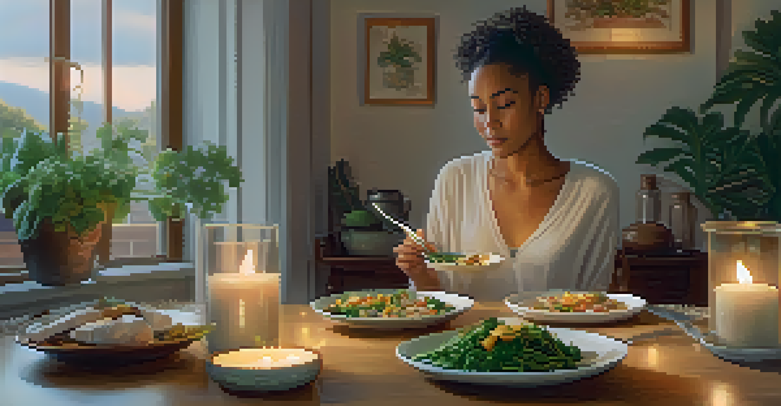 A person engaging in mindful eating at a cozy table, surrounded by a tranquil ambiance and a beautifully arranged vegetarian dish.