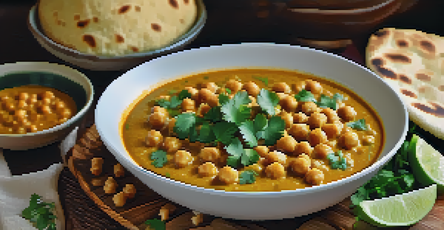A bowl of chickpea curry with cilantro and lime, served with rice and naan.