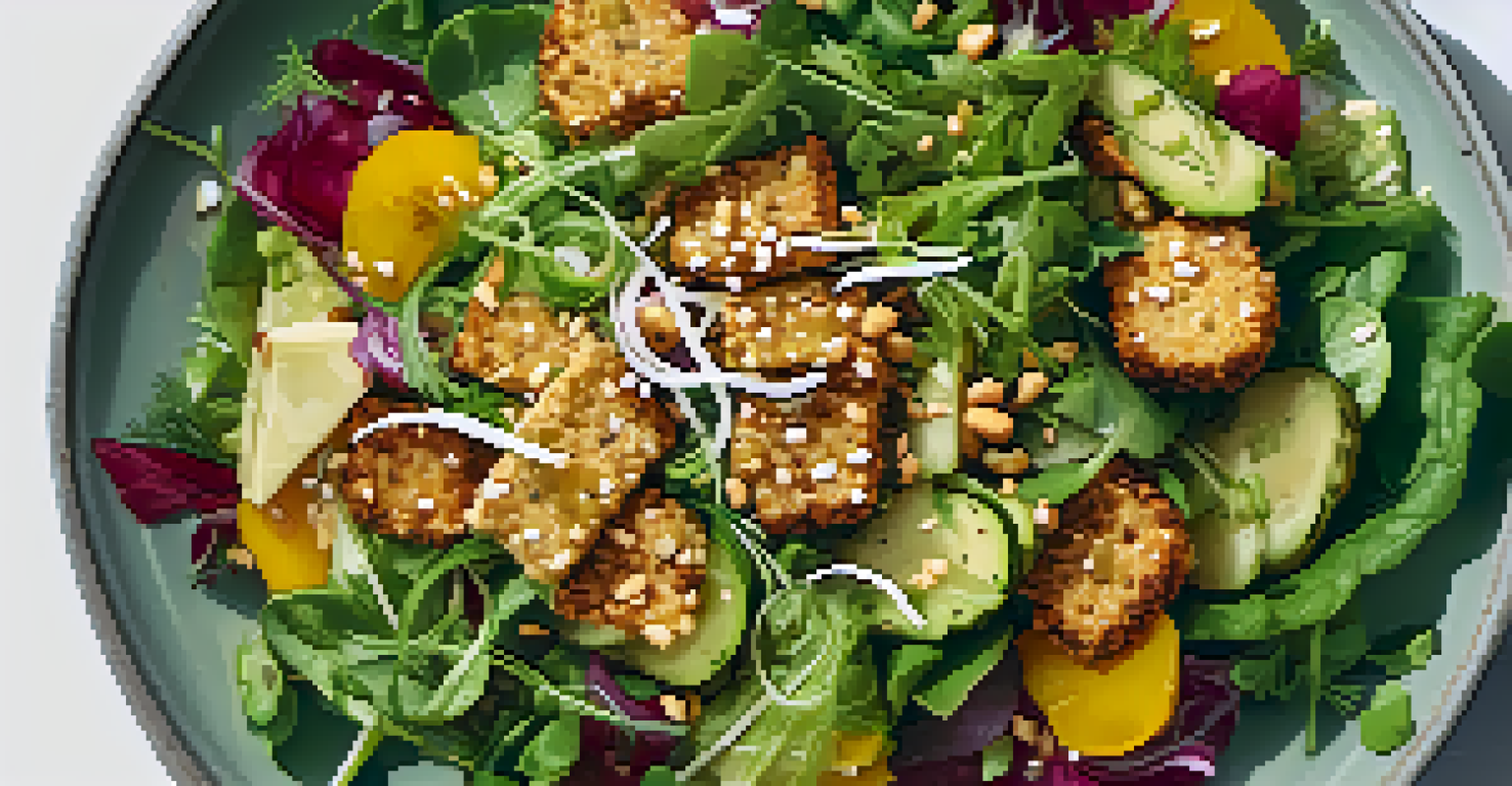An overhead view of a colorful salad with dill pickles, tempeh, and sesame seeds, dressed with miso dressing.
