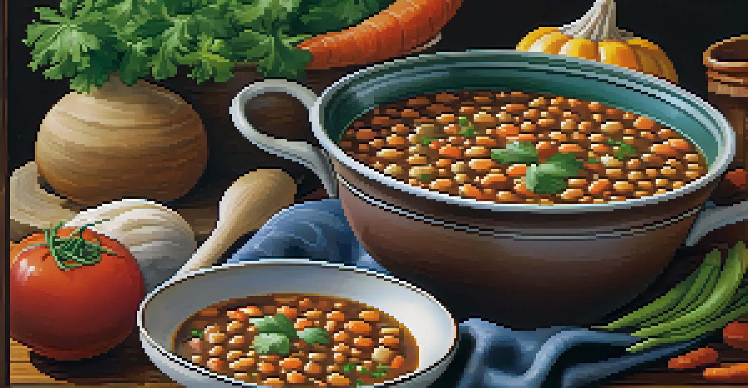 A rustic bowl of vegetable soup with beans and lentils, garnished with parsley, surrounded by colorful vegetables and whole grain bread.