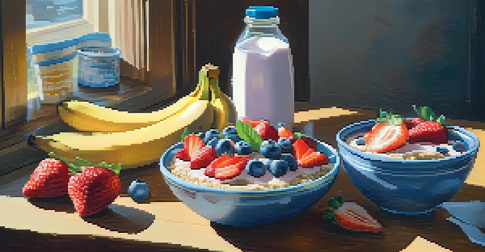A colorful smoothie bowl topped with fresh fruits like banana, strawberries, and blueberries, placed on a wooden table with sunlight streaming in.