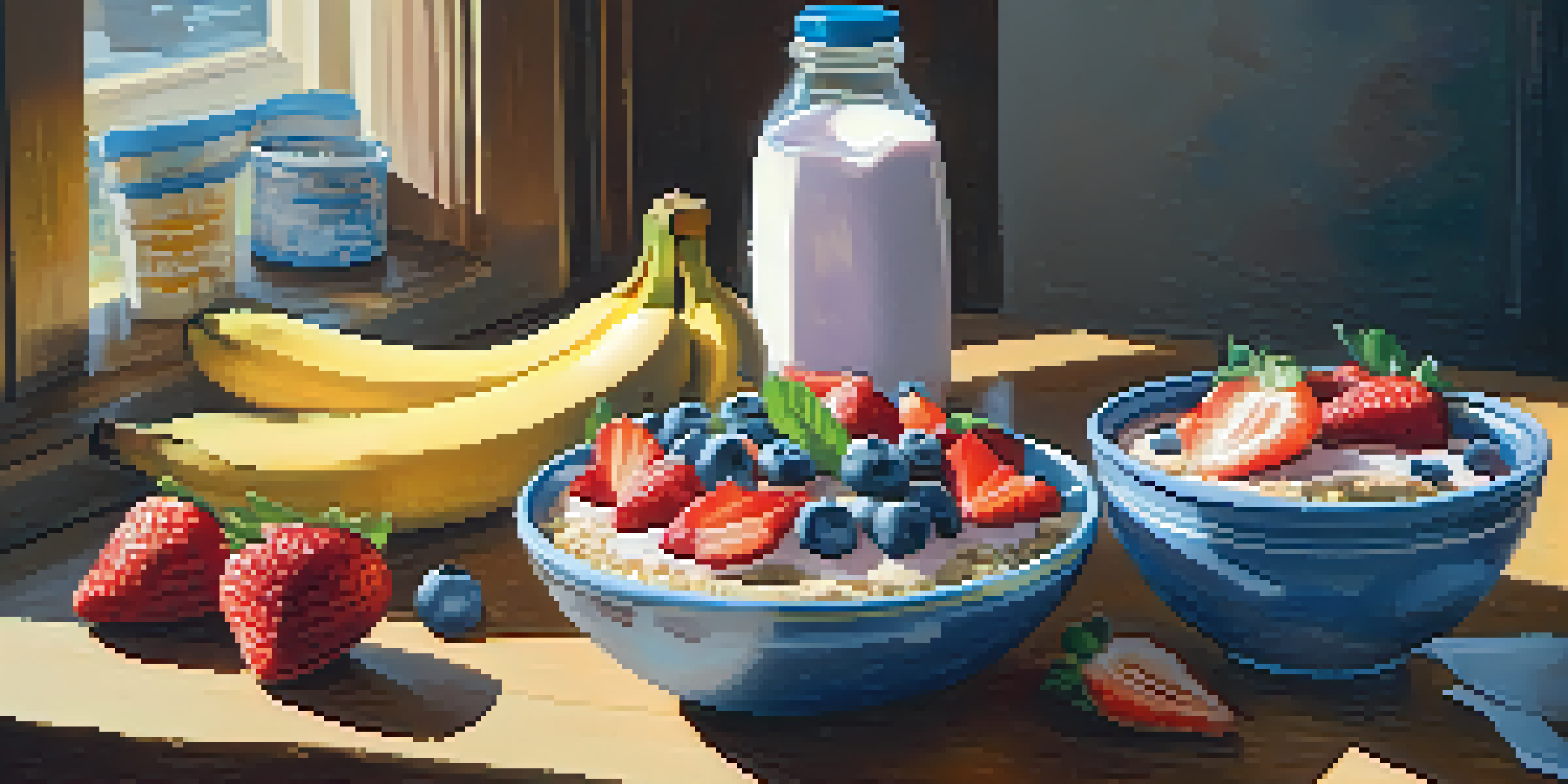 A colorful smoothie bowl topped with fresh fruits like banana, strawberries, and blueberries, placed on a wooden table with sunlight streaming in.