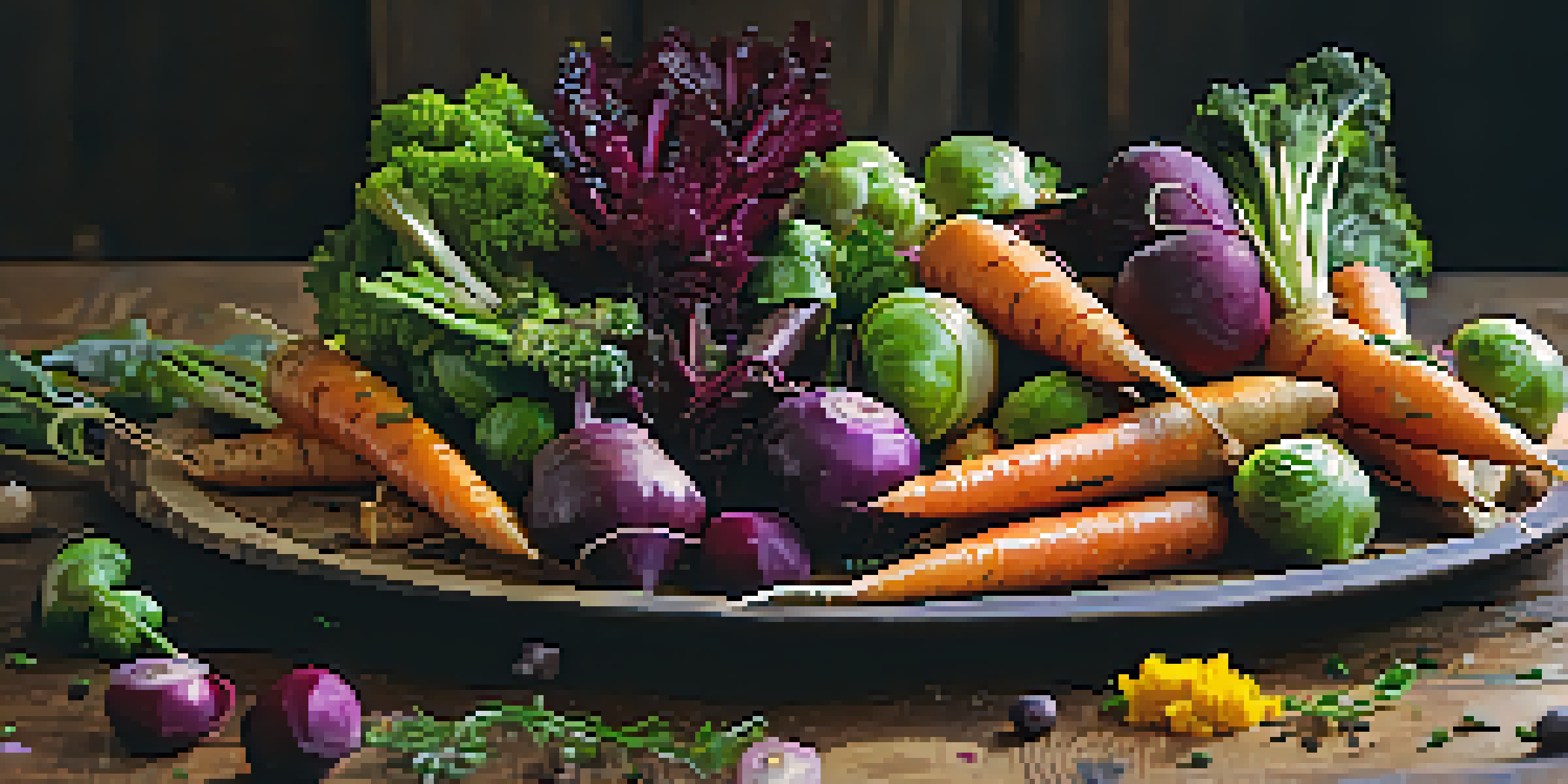 A colorful platter of roasted vegetables including carrots, beets, and Brussels sprouts on a wooden board with olive oil and herbs.