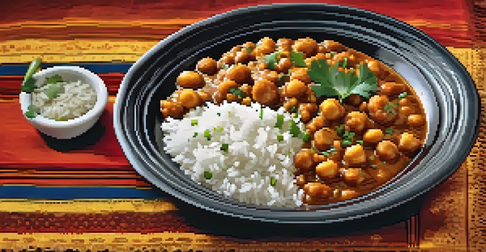 A colorful plate of Indian Chana Masala with basmati rice, garnished with cilantro, set against a background of Indian textiles and spices.