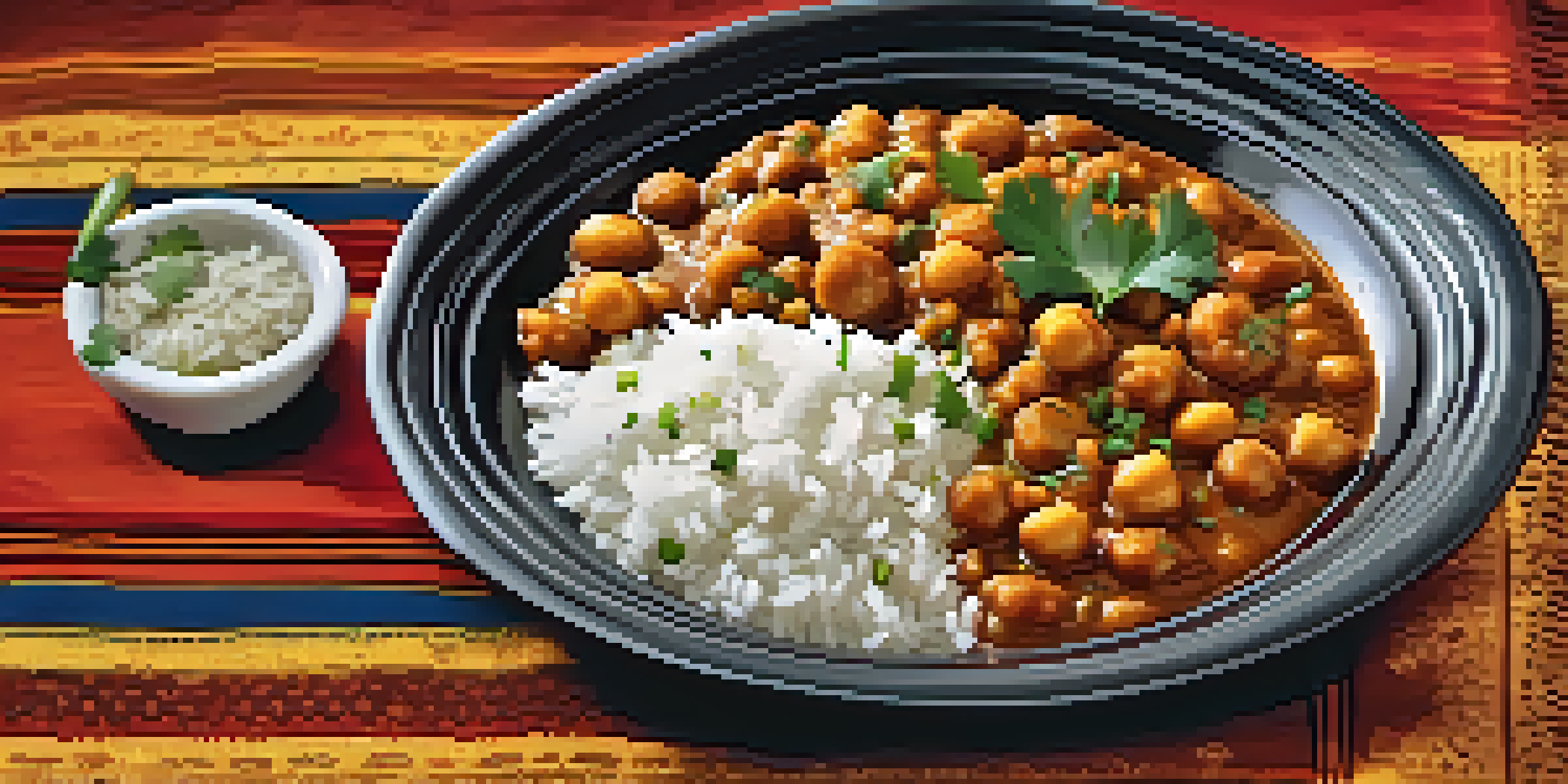 A colorful plate of Indian Chana Masala with basmati rice, garnished with cilantro, set against a background of Indian textiles and spices.