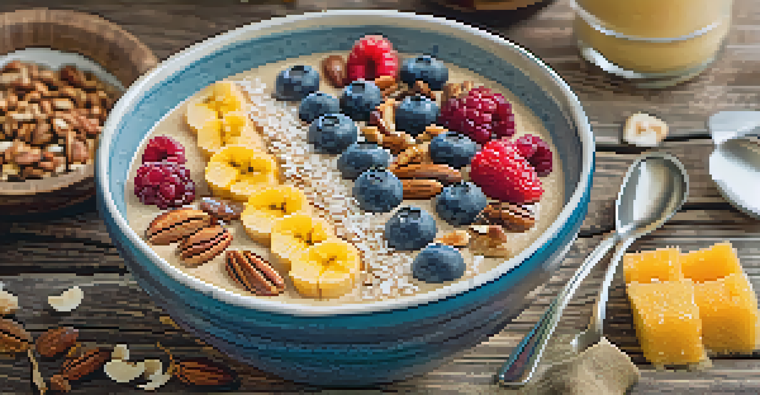 A colorful smoothie bowl topped with date sugar and berries, surrounded by fresh ingredients on a wooden table.