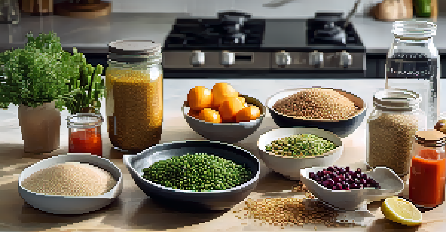 A kitchen countertop with jars of grains, fresh vegetables, legumes, and chopped veggies on a cutting board, accompanied by a glass of infused water.