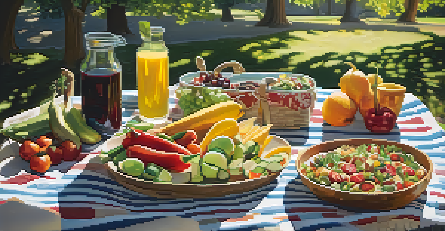 An outdoor picnic featuring a variety of vegetarian dishes on a blanket, with friends enjoying the meal in a sunny setting.