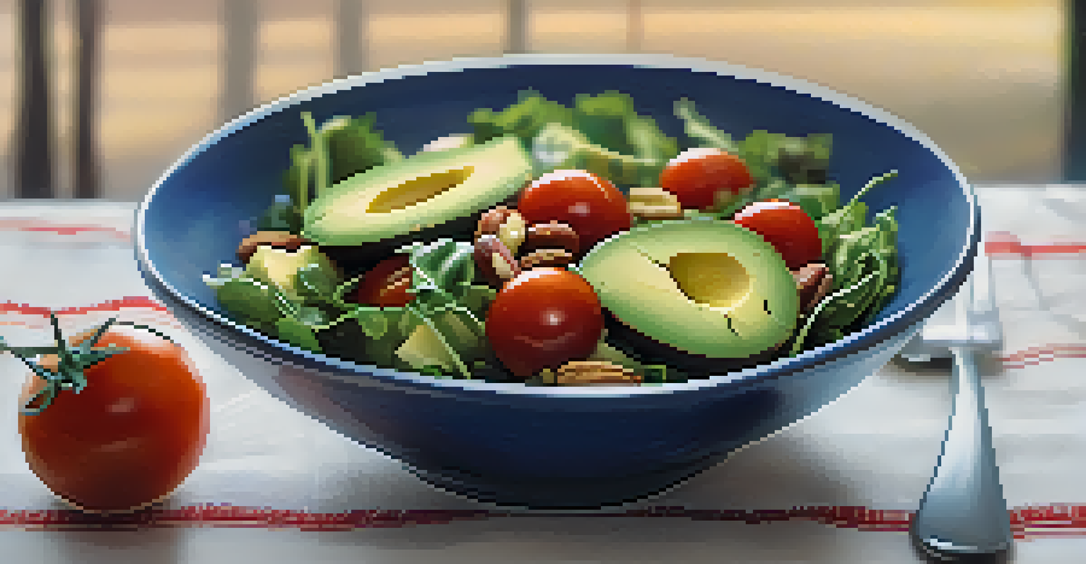 A close-up view of a colorful salad bowl with greens, tomatoes, and avocado on a textured tablecloth.