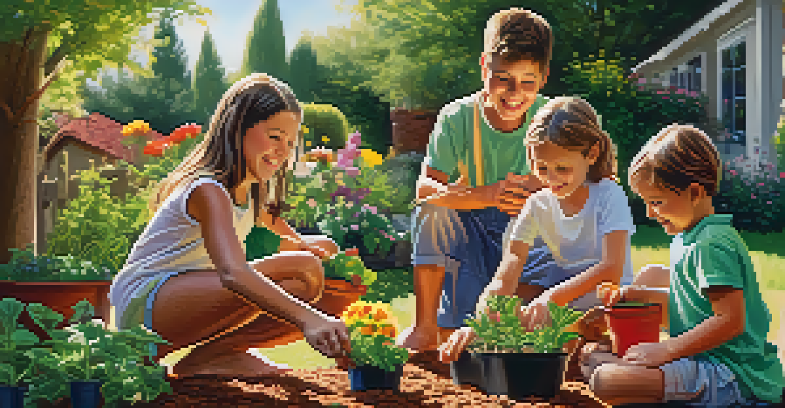 A family planting seeds in a garden, with children wearing gloves and smiling, surrounded by colorful flowers and plants.