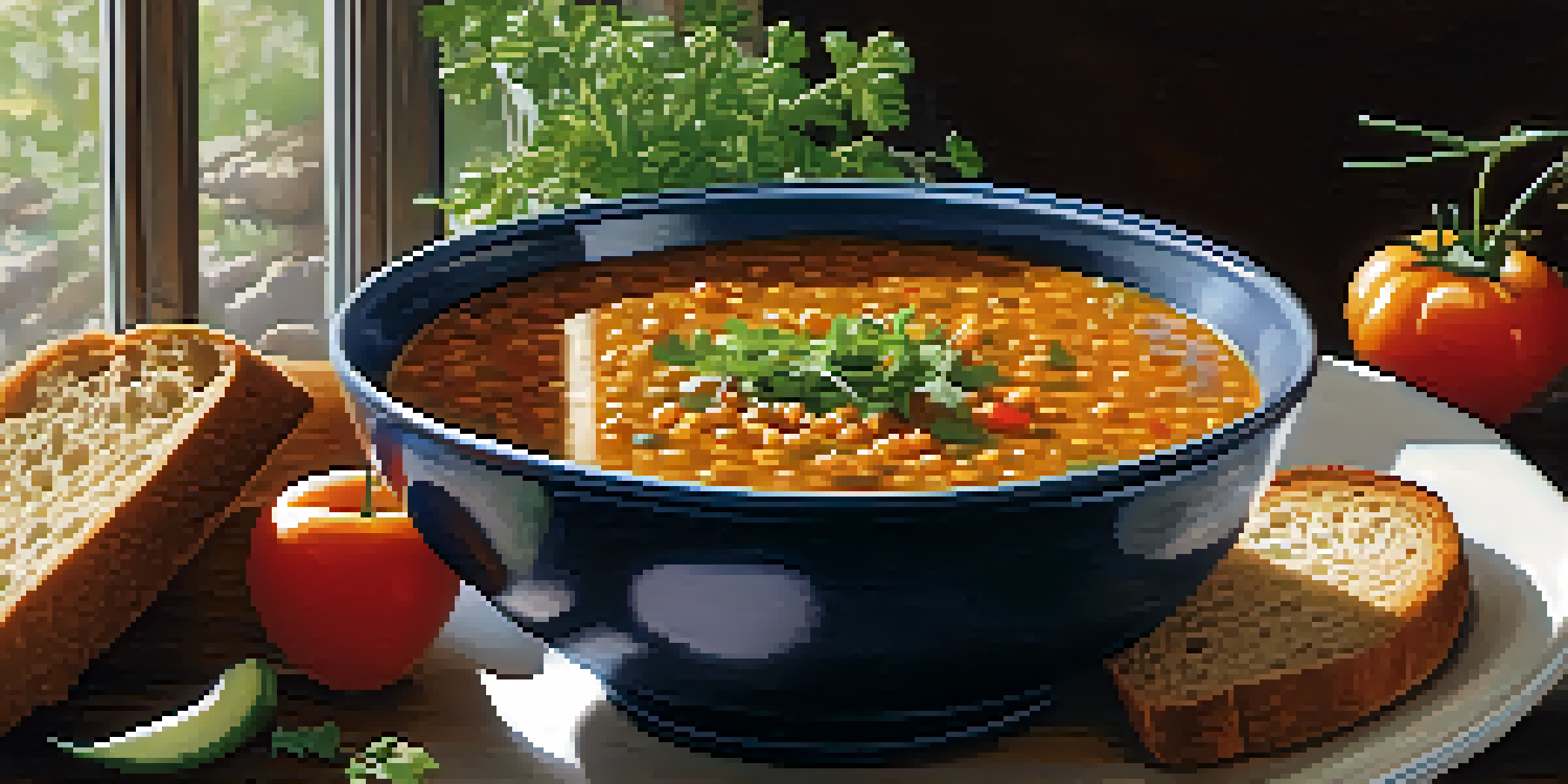 A bowl of lentil soup garnished with herbs, accompanied by a slice of whole-grain bread, set on a rustic wooden table with natural light.