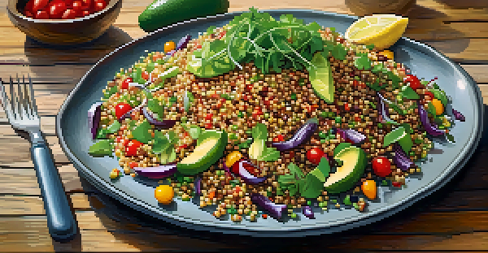 A colorful quinoa salad with fresh vegetables and beans on a rustic wooden table, garnished with herbs and sliced avocados, lit by soft natural light.