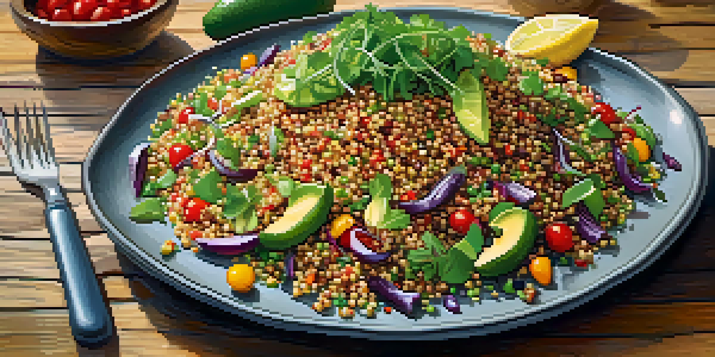 A colorful quinoa salad with fresh vegetables and beans on a rustic wooden table, garnished with herbs and sliced avocados, lit by soft natural light.