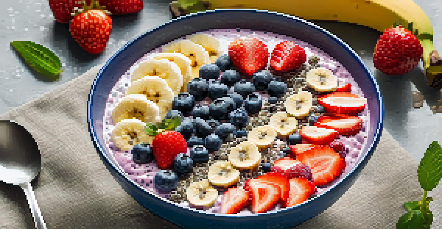 A vibrant smoothie bowl topped with fruits, chia seeds, and coconut, placed on a linen napkin with a spoon and whole fruits around it.