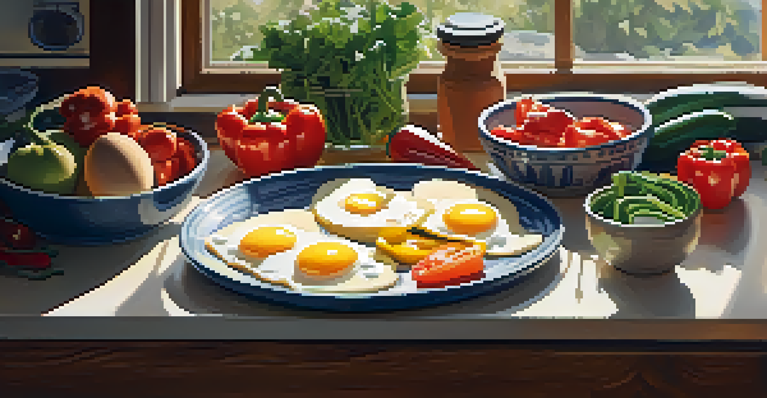 A vegetarian kitchen scene with fresh vegetables, eggs, and cheese on a countertop with sunlight streaming in.