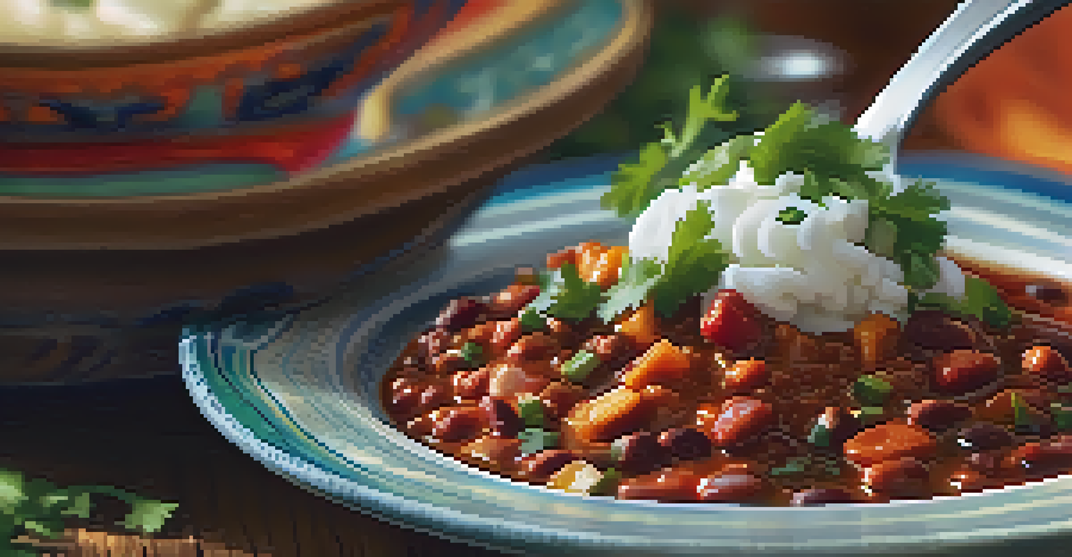 A close-up of a hand holding a small plate of vegetarian chili garnished with cilantro, set in a cozy dining environment.