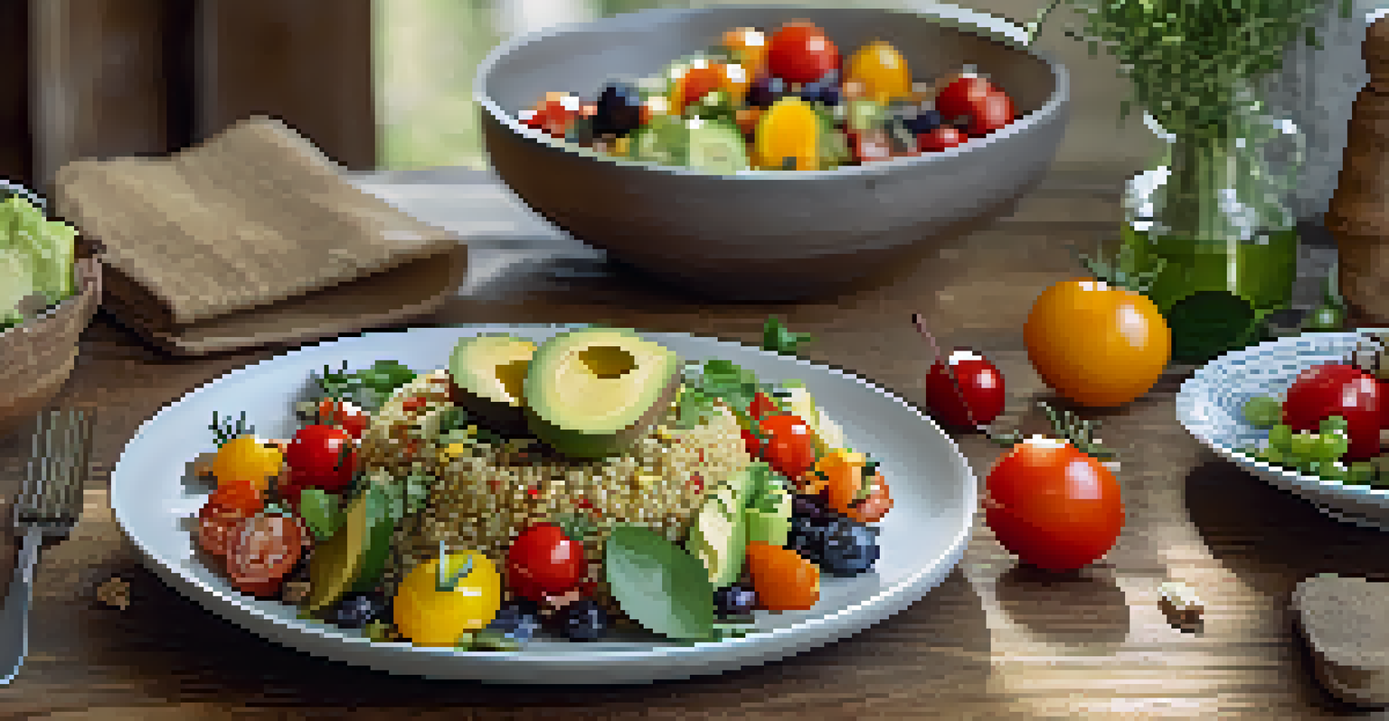 An elegantly arranged vegetarian plate with quinoa salad, roasted vegetables, and fruit salad on a rustic wooden table, surrounded by greenery.