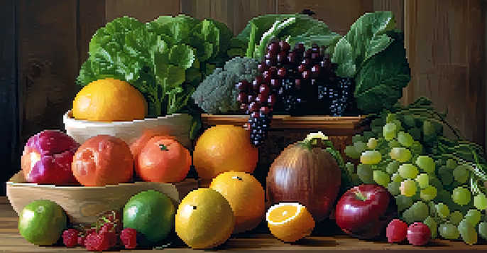 A colorful arrangement of various fruits and vegetables on a wooden table, highlighting their textures and vibrant colors.