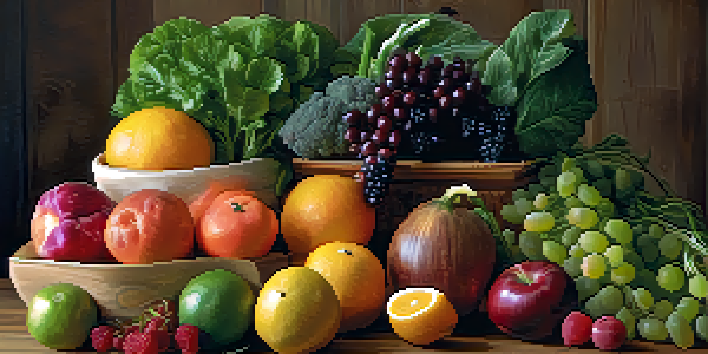 A colorful arrangement of various fruits and vegetables on a wooden table, highlighting their textures and vibrant colors.