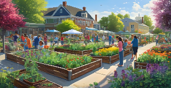 A lively community garden with people planting vegetables and herbs, surrounded by colorful flowers and trees under a bright sun.
