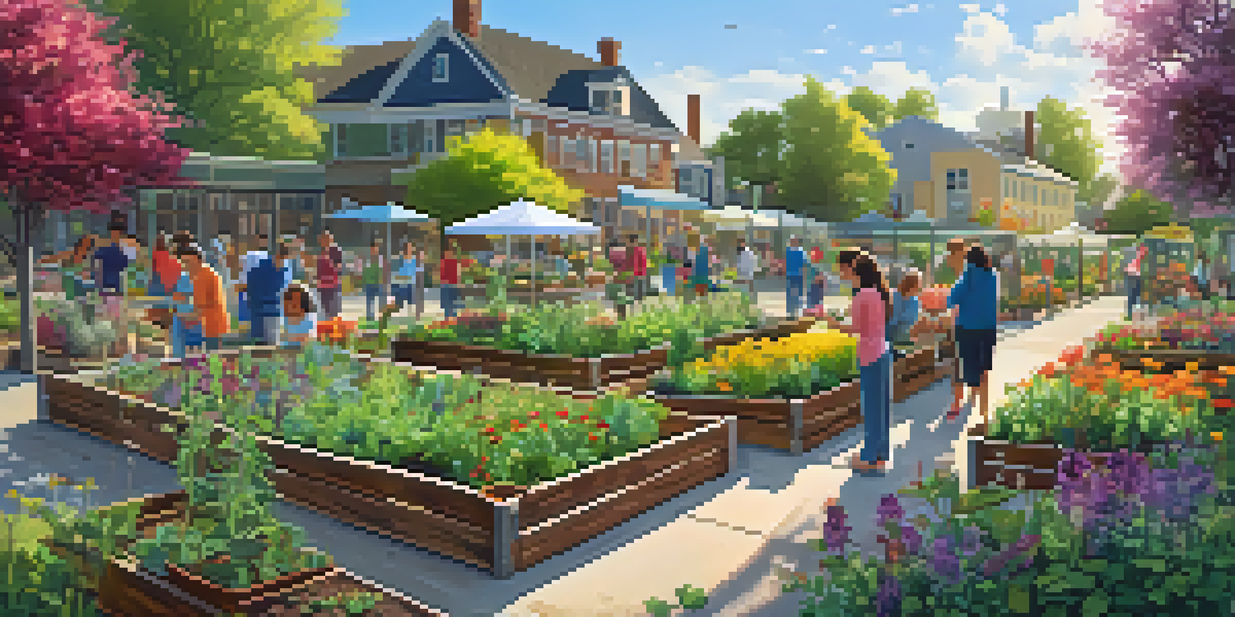 A lively community garden with people planting vegetables and herbs, surrounded by colorful flowers and trees under a bright sun.
