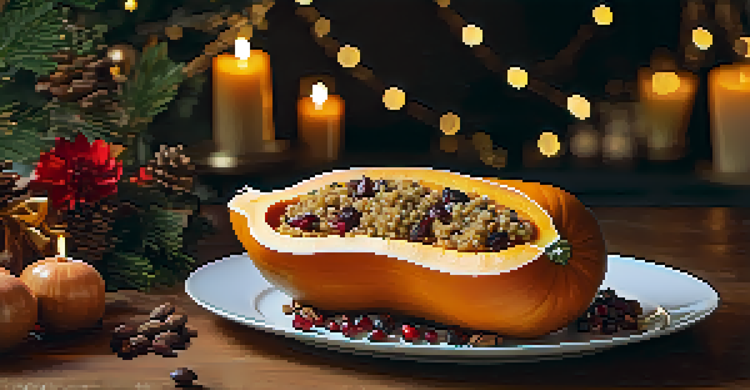 A stuffed butternut squash filled with quinoa and cranberries on a beautifully decorated holiday dining table.
