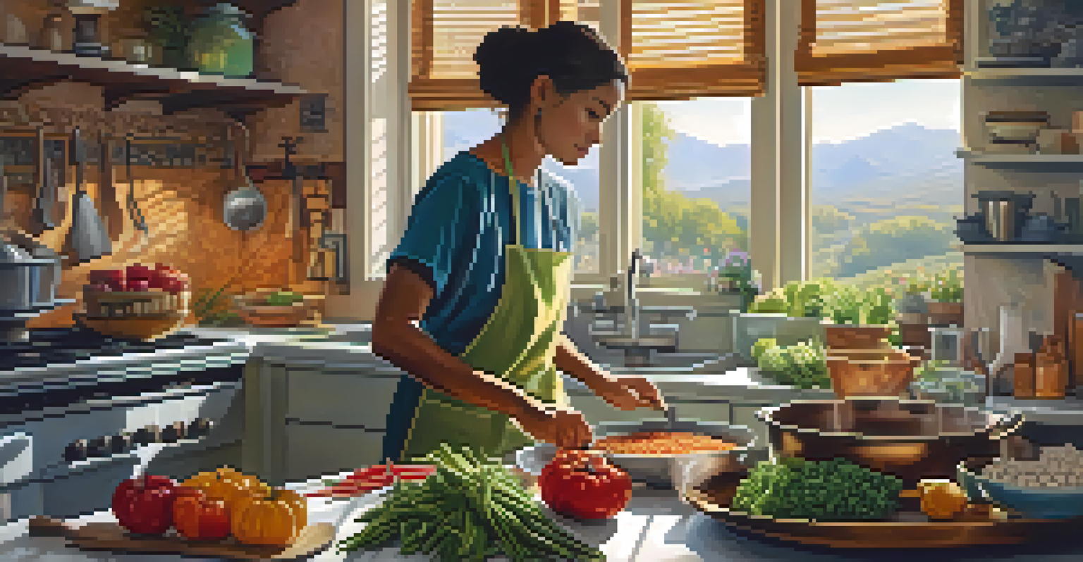 A person chopping vegetables in a bright kitchen, with various ingredients and a steaming pot on the countertop.